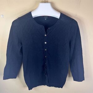 Talbots Womens Classic Cardigan Sweater Black Medium 3/4 Sleeve Button-Up Staple